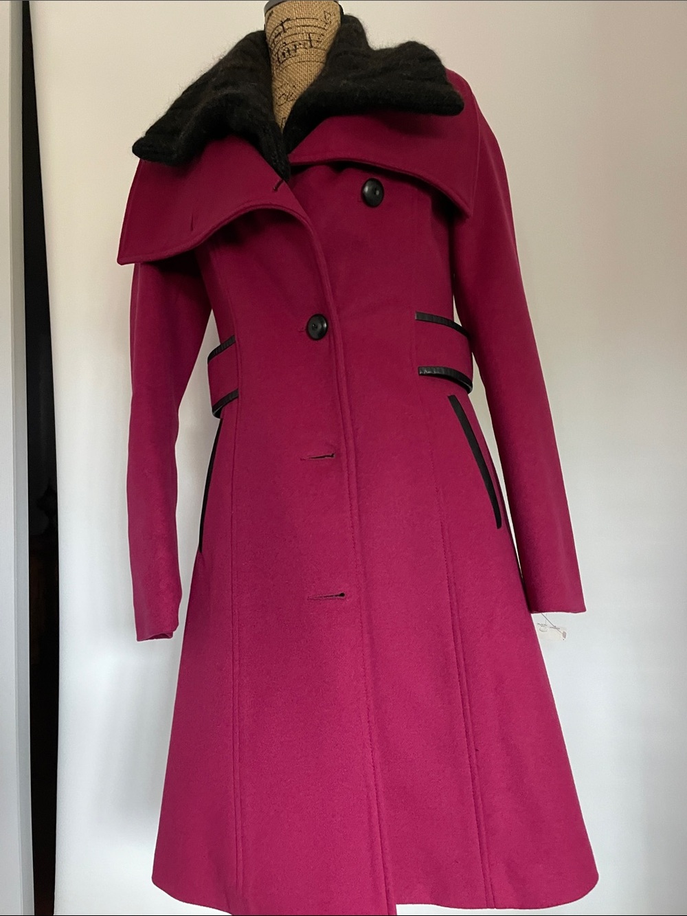 Mackage Fuchsia Wool Cashmere Trench Coat with Black Collar NWT XS